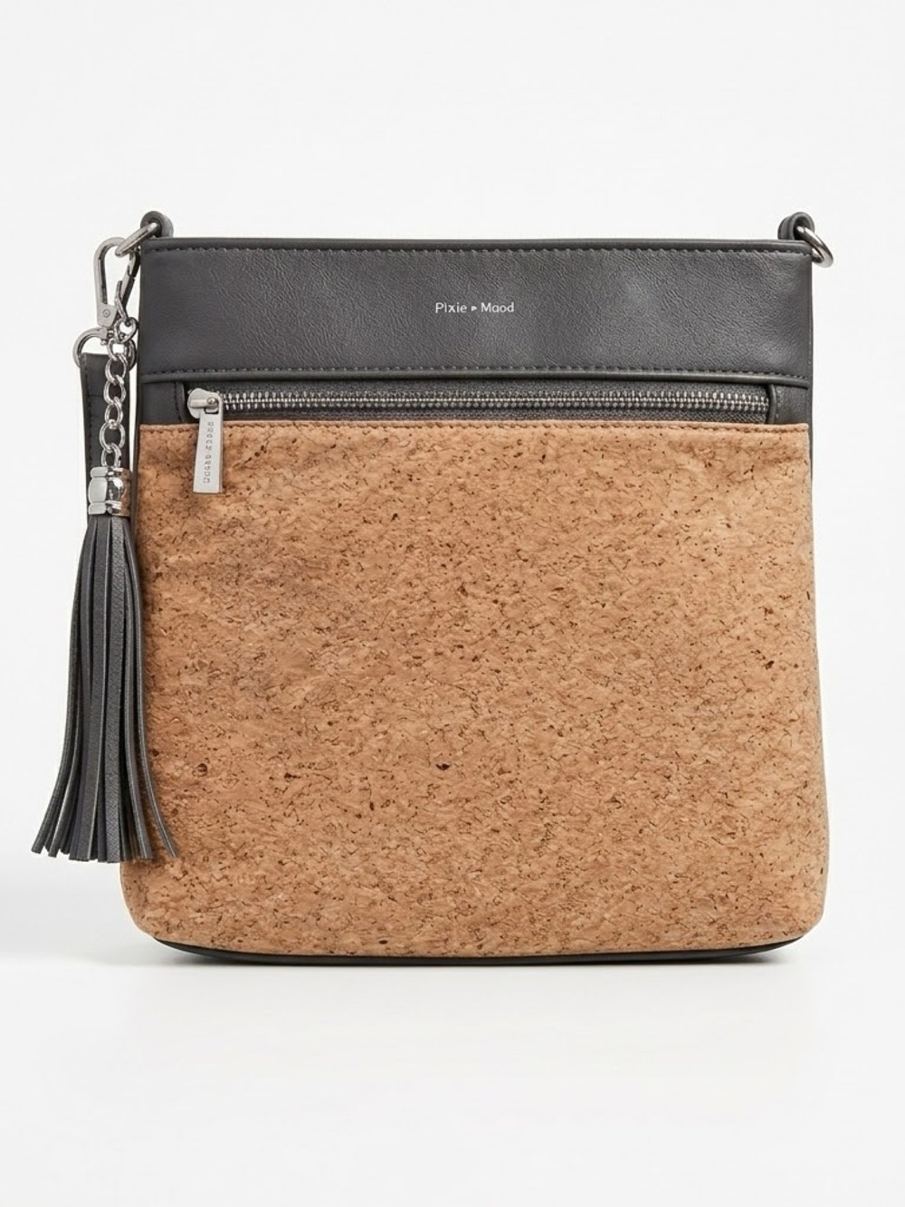 Pixi Mood Grey Vegan Leather Natural Cork Tassel Crossbody Bag